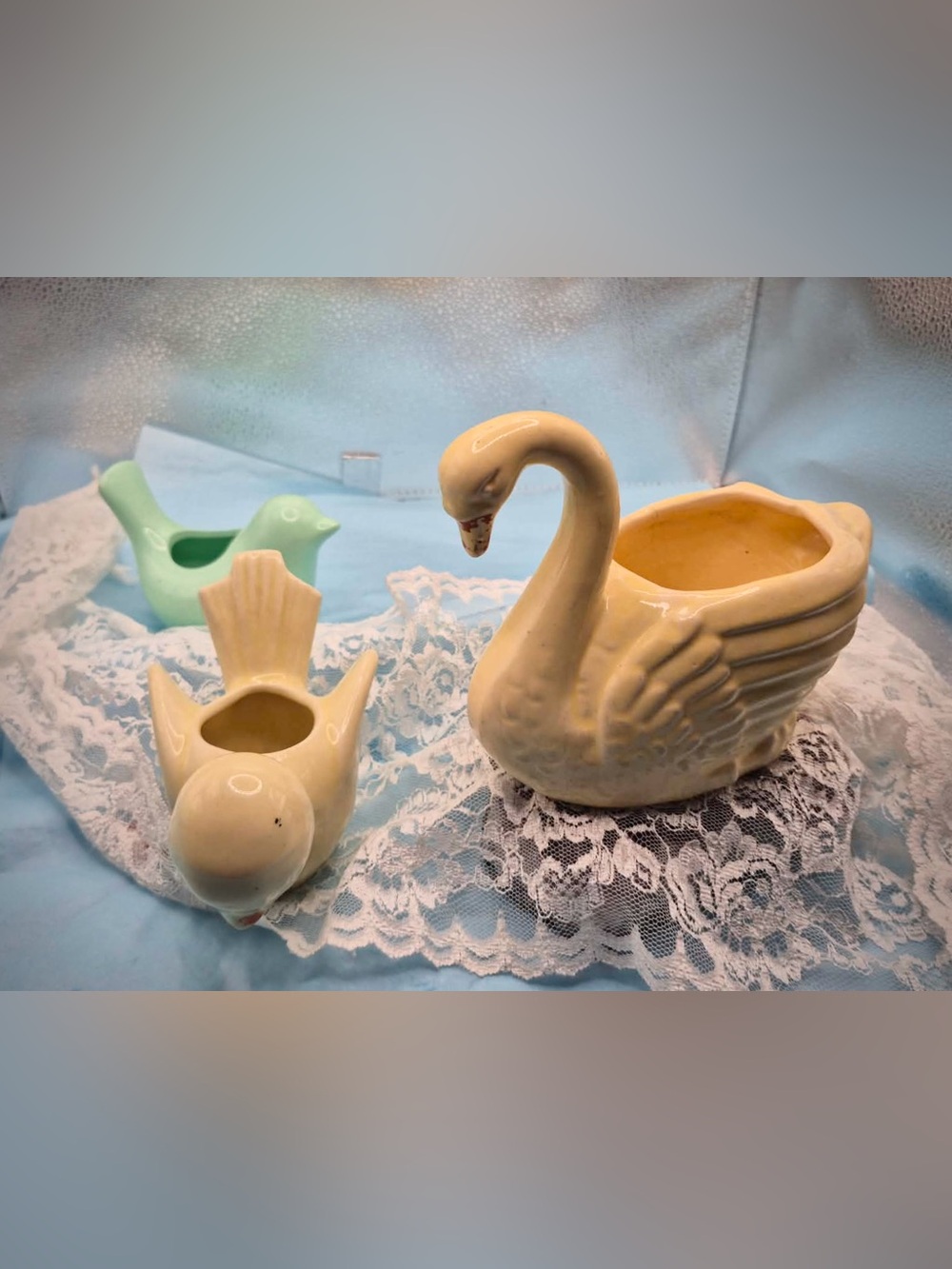 Vintage McCoy BRUSH Pottery Swan Planter & Yellow Shawnee Chickadee